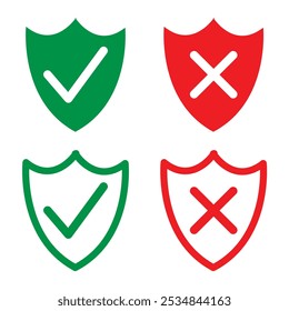 Protection and unprotection, green shield checkmark  red shield cross. Green and red shield checkmark, cross, approved, rejected, yes, no. Set of red and green crosses and checkmarks in eps 10.