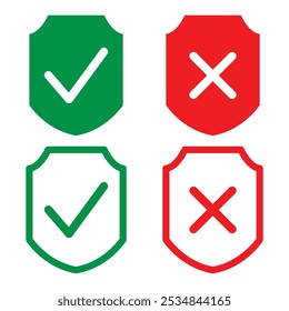 Protection and unprotection, green shield checkmark  red shield cross. Green and red shield checkmark, cross, approved, rejected, yes, no. Set of red and green crosses and checkmarks in eps 10.