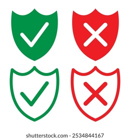 Protection and unprotection, green shield checkmark  red shield cross. Green and red shield checkmark, cross, approved, rejected, yes, no. Set of red and green crosses and checkmarks in eps 10.