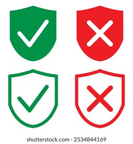 Protection and unprotection, green shield checkmark  red shield cross. Green and red shield checkmark, cross, approved, rejected, yes, no. Set of red and green crosses and checkmarks in eps 10.