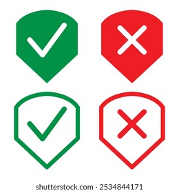 Protection and unprotection, green shield checkmark  red shield cross. Green and red shield checkmark, cross, approved, rejected, yes, no. Set of red and green crosses and checkmarks in eps 10.