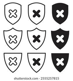 Protection and unprotection, green shield checkmark red shield cross. Green and red shield checkmark, cross, approved, rejected, yes, no. Set of red and green crosses and checkmarks . 