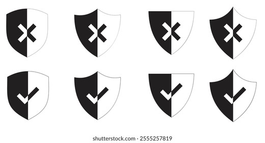 Protection and unprotection, green shield checkmark red shield cross. Green and red shield checkmark, cross, approved, rejected, yes, no. Set of red and green crosses and checkmarks . 