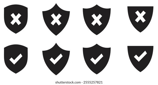 Protection and unprotection, green shield checkmark red shield cross. Green and red shield checkmark, cross, approved, rejected, yes, no. Set of red and green crosses and checkmarks . 