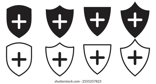 Protection and unprotection, green shield checkmark red shield cross. Green and red shield checkmark, cross, approved, rejected, yes, no. Set of red and green crosses and checkmarks . 