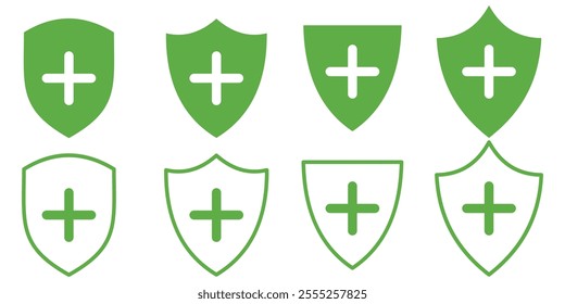 Protection and unprotection, green shield checkmark red shield cross. Green and red shield checkmark, cross, approved, rejected, yes, no. Set of red and green crosses and checkmarks . 