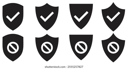 Protection and unprotection, green shield checkmark red shield cross. Green and red shield checkmark, cross, approved, rejected, yes, no. Set of red and green crosses and checkmarks . 