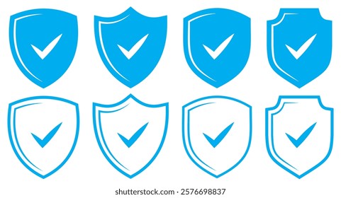 Protection and unprotection, green shield checkmark red shield cross. Green and red shield checkmark, cross, approved, rejected, yes, no. Set of red and green crosses and checkmarks .