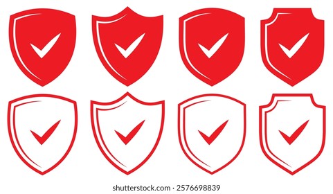 Protection and unprotection, green shield checkmark red shield cross. Green and red shield checkmark, cross, approved, rejected, yes, no. Set of red and green crosses and checkmarks .