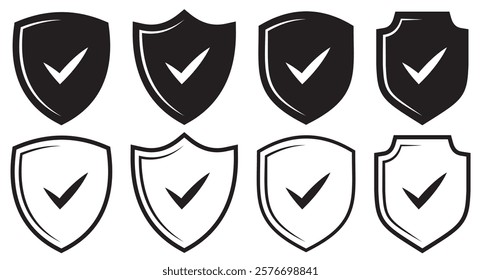 Protection and unprotection, green shield checkmark red shield cross. Green and red shield checkmark, cross, approved, rejected, yes, no. Set of red and green crosses and checkmarks .