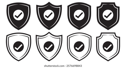 Protection and unprotection, green shield checkmark red shield cross. Green and red shield checkmark, cross, approved, rejected, yes, no. Set of red and green crosses and checkmarks .