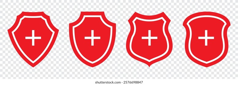 Protection and unprotection, green shield checkmark red shield cross. Green and red shield checkmark, cross, approved, rejected, yes, no. Set of red and green crosses and checkmarks .