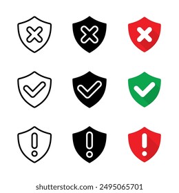 Protection, Unprotection and Notice icon set , green shield checkmark, red shield cross and red shield exclamation mark, simple line art, black and flat vector illustration