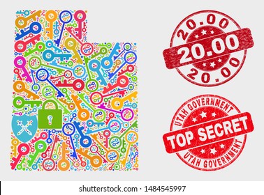 Protection Utah State map and seal stamps. Red round Top Secret and 20.00 grunge seal stamps. Bright Utah State map mosaic of different safety elements. Vector collage for safety purposes.