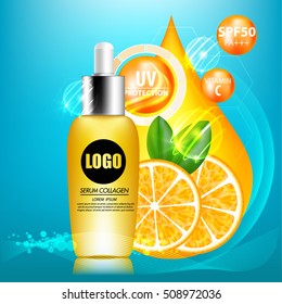 Protection UV and Whitening Cream Skin care concept. Sunblock SPF UV protection. Vitamin C. Orange