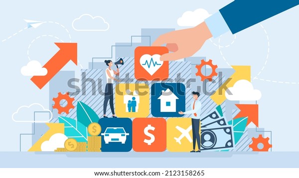 Protection of values. Insurance and\
Assurance. Life, property, car, health, family, travel, home,\
business insurance concept. Broker agent. Family protection care.\
Flat design. Vector\
illustration.