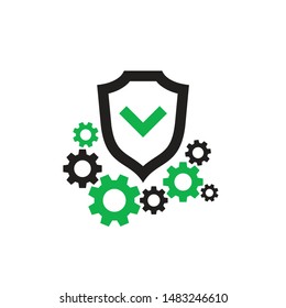 Protection vector icon design. Shield with check mark and gears cogwheels. SEO. 