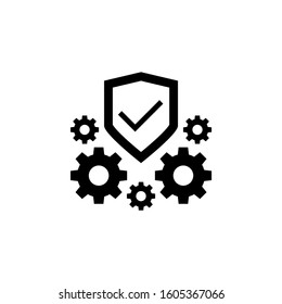 Protection vector icon design, Shield with check mark and gears cogwheels in black flat design on white background
