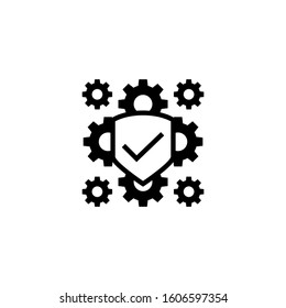 Protection vector icon design, Shield with check mark and gears cogwheels in black flat design on white background