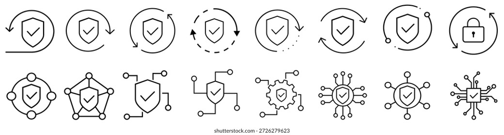 Conjunto de ícones de vetor de proteção. Coleção de sinais da Ilustração de Defesa.  Símbolo de segurança. logotipo de segurança.