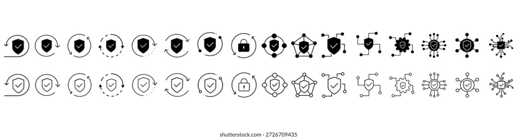 Conjunto de ícones de vetor de proteção. Coleção de sinais da Ilustração de Defesa.  Símbolo de segurança. logotipo de segurança.