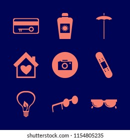 protection vector icons set. with beach umbrella, house heart, sun oil and key card in set