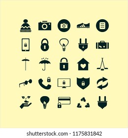 protection vector icons set. with bulb leaf, security telephone, cyber security and camera in set