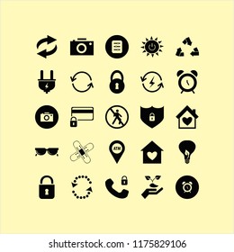 protection vector icons set. with camera, renewable energy, lock and solar power in set