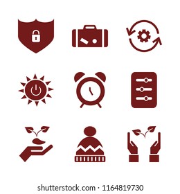 protection vector icons set. with filter, hand sprout, solar power and shield lock security in set