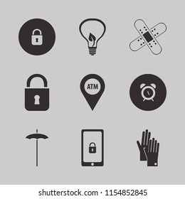 protection vector icons set. with gloves, beach umbrella, lock and alarm in set