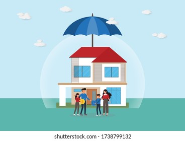 Protección, ilustración vectorial EPS10 de la casa modelo bajo la familia de paraguas y modelos sobre fondo nublado, seguro financiero y concepto de inversión segura