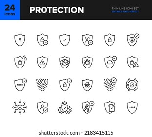 Protection vector line icon set. Shield and lock protection icon collection. Different variations of shield symbol. Editable pixel perfect