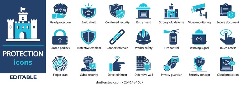 Protection vector set featuring shields, locks, security icons, antivirus symbols, privacy defense, and data safety.