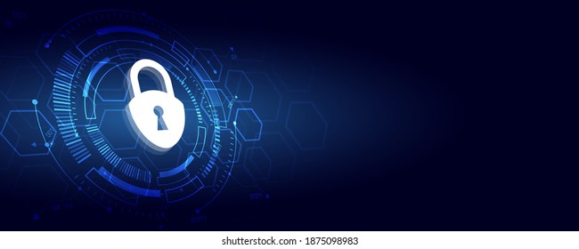 Protection from virus attack. Global antivirus secure system. Abstract blue background with various technology elements. 3d Futuristic padlock vector illustration. Cyber attack protection.