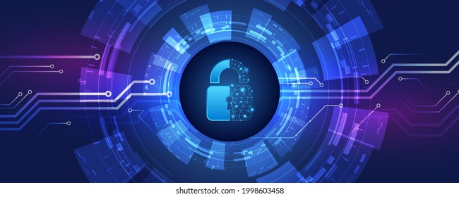 Protection from virus attack. Global antivirus secure system. Abstract blue background with various technology elements. Futuristic padlock vector illustration. Cyber attack protection.