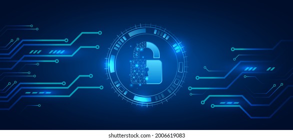 Protection from virus attack. Global antivirus secure system. Abstract blue background with various technology elements. Futuristic padlock vector illustration. Cyber attack protection.