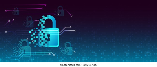 Protection from virus attack. Global antivirus secure system. Abstract blue background with various technology elements. Futuristic padlock vector illustration. Cyber attack protection.