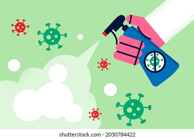 Protection from virus bacteria concept. Human hand holding spray against virus bacterias flying in air over green background vector illustration 