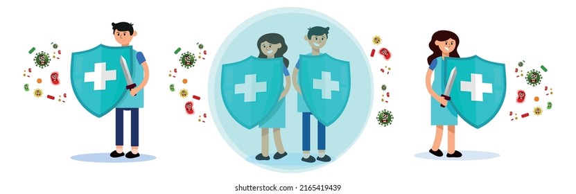 Protection from virus germs and bacteria. Healthy immune system, adult man and woman protected from viruses and bacteria by immunity shield vector illustration set. 