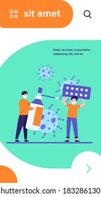 Protection from virus. Guy holding pills, his friend self protecting with mask and sanitizer flat vector illustration. Coronavirus epidemic concept for banner, website design or landing web page