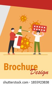 Protection from virus. Guy holding pills, his friend self protecting with mask and sanitizer flat vector illustration. Coronavirus epidemic concept for banner, website design or landing web page