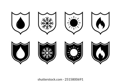 Protección contra el agua, el fuego, el copo de nieve y los iconos de la puesta del sol. Estilo lineal y de silueta. Iconos del vector.