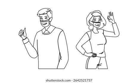 proteção usando vetor máscara facial. saúde protetora, prevenção de influenza, proteção contra a gripe usando personagem máscara facial. pessoas linha preta lápis desenho ilustração