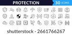 Protection Web Icon Set in Line Style. Collection of Security Linear Icons, Including defense, safe, safety and security, alarm, encryption, cybersecurity, locked, shield, guard, lock. Editable Stroke