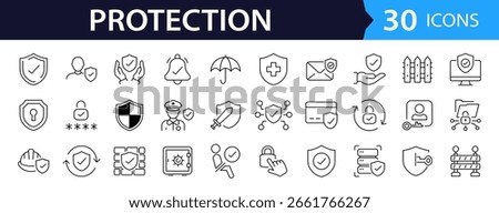 Protection Web Icon Set in Line Style. Collection of Security Linear Icons, Including defense, safe, safety and security, alarm, encryption, cybersecurity, locked, shield, guard, lock. Editable Stroke