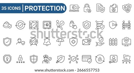 Protection Web Icon Set in Line Style. Collection of Security Linear Icons, Including defense, safe, safety and security, alarm, encryption, cybersecurity, locked, shield, guard, lock. Editable Stroke