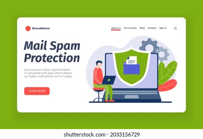 Protection from web mail spam. Blocking unwanted advertising mailings. Antivirus applications with user alert about threat. Secure online correspondence with data. Vector home page flat banner