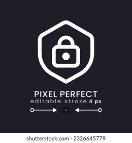 Protection white linear desktop icon on black. Shield with lock. System security. Internet privacy. Pixel perfect 128x128, outline 4px. Isolated user interface symbol for dark theme. Editable stroke