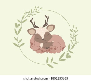 protection of wildlife, little sleeping deer in the arms, greenery, nature, animals, children's illustrations, postcards