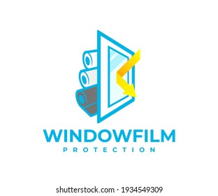 Protection window film from solar and shockproof, logo design. Safety, window, reflected sunbeam or sunlight and rolls with protective film, vector design and illustration